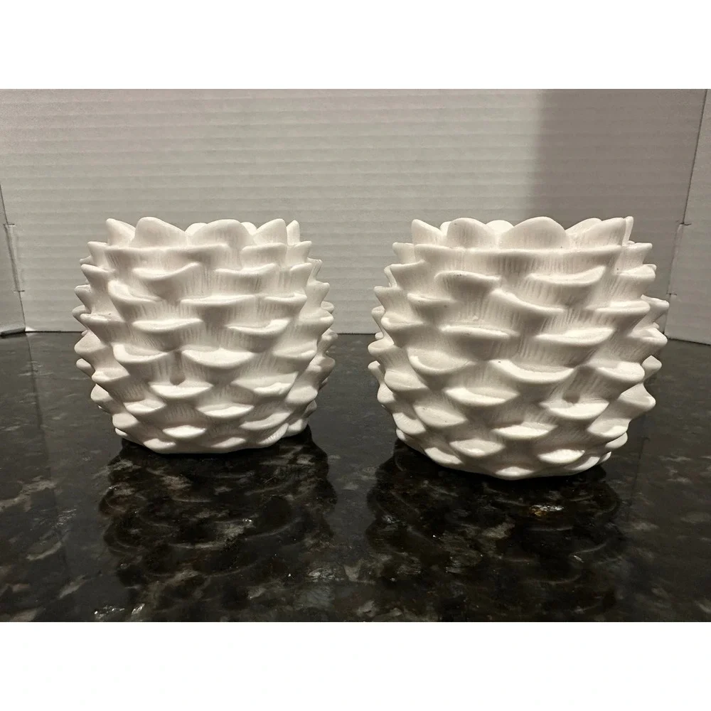 2 White Ceramic Pinecone Shaped Votive Holders